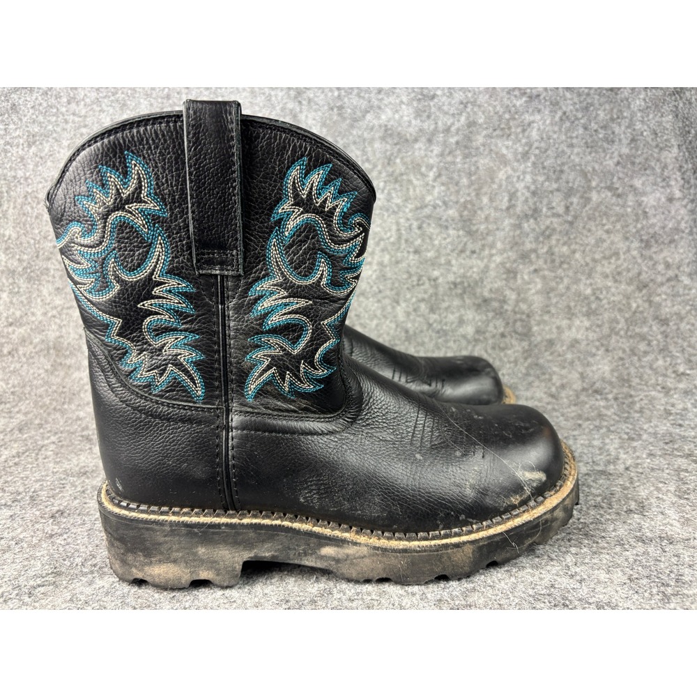 Ariat Fatbaby Boots Women 8B Black Blue Flame Stitch Leather Round Toe 10000833